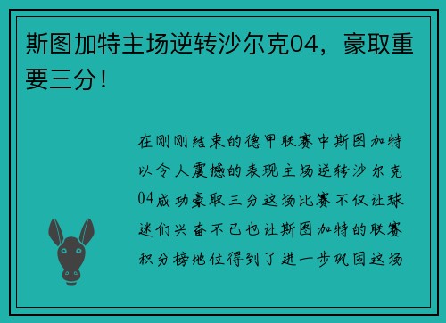 斯图加特主场逆转沙尔克04，豪取重要三分！